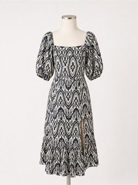Bagatelle Ikat Linen Blend Midi Dress Smocked Boho Vacation Blue Beige NWT